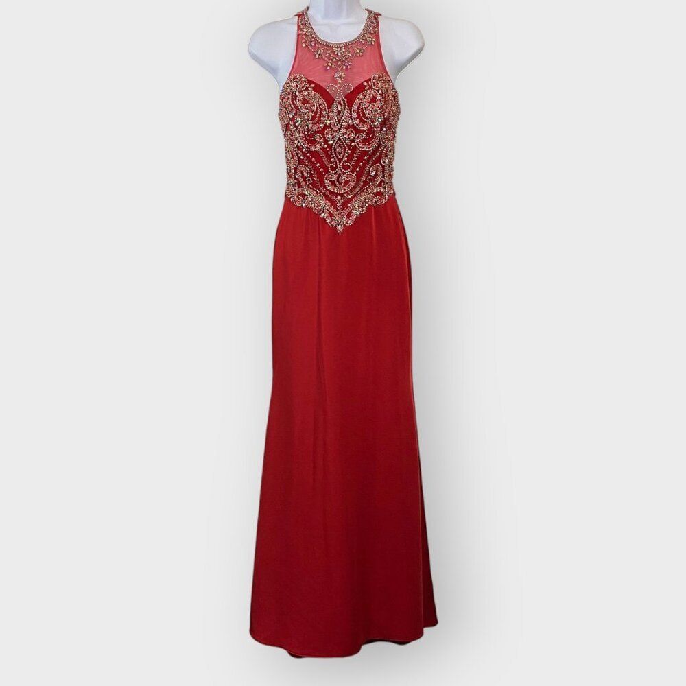 Splash Womens Formal Maxi Dress | 2 | Red | Open Back | Sequin Jeweled | Prom